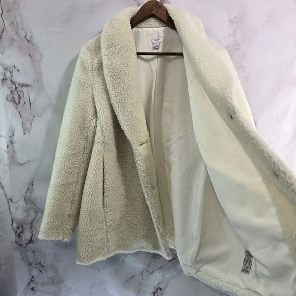 J Crew Coat Womens XL White Sherpa Teddy Faux Shearling Fuzz Shawl Cocoon Shawl - Picture 8 of 11